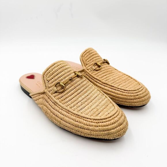 Gucci Horsebit Raffia Princetown Neutral Mules Loafers EU 39.5 US 9.5 - Picture 1 of 14